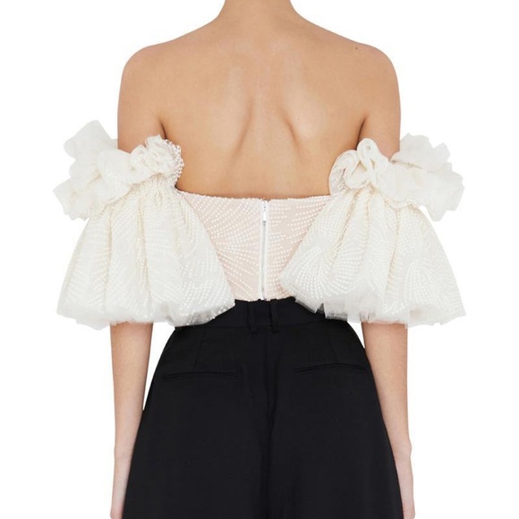 Apricot Off Shoulder Embroidered Corset Crop Top Dramatic Puff Sleeve Coquette - Picture 3 of 14